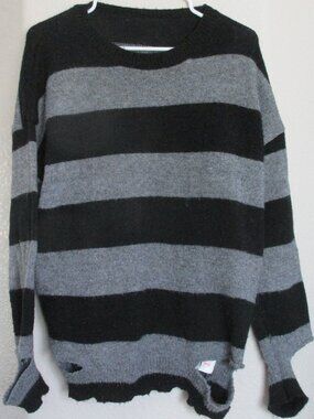 Romwe Pullover Sweater Womens Medium Black Gray Striped Long Sleeve Crew Shirt